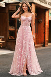 Blush A Line Spaghetti Straps Sequin Applique Corset Prom Dress With Slit