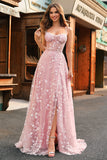 Blush A Line Spaghetti Straps Sequin Applique Corset Prom Dress With Slit