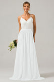 Terracotta A-Line Spaghetti Straps Pleated Long Bridesmaid Dress With Lace