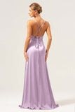 Martini A-Line Spaghetti Straps Satin Bridesmaid Dress with Slit