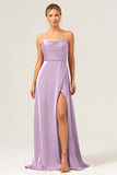 Martini A-Line Spaghetti Straps Satin Bridesmaid Dress with Slit