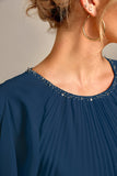 Navy A-Line Round Neck Pleated Mother of Bride Dress With Short Sleeves