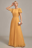 Navy A-Line Round Neck Pleated Mother of Bride Dress With Short Sleeves