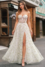 Strapless A-Line Light Green Corset Floral Prom Dress with Slit