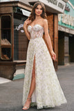 Strapless A-Line Light Green Corset Floral Prom Dress with Slit