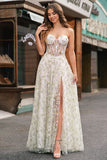 Strapless A-Line Light Green Corset Floral Prom Dress with Slit