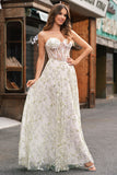 Strapless A-Line Light Green Corset Floral Prom Dress with Slit