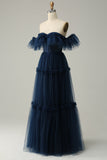 A-Line Off the Shoulder Sweetheart Tulle Navy Long Prom Dress