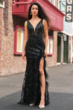 Black Sparkly V-neck Sequined Mermaid Prom Dress with Feathers