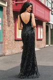 Black Sparkly V-neck Sequined Mermaid Prom Dress with Feathers