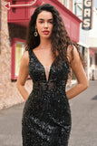 Black Sparkly V-neck Sequined Mermaid Prom Dress with Feathers