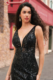 Black Sparkly V-neck Sequined Mermaid Prom Dress with Feathers