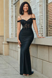 Black Mermaid Off the Shoulder Long Prom Dress With Appliques