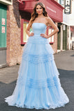 Light Blue Ball Gown Strapless Tiered Floor Length Prom Dress