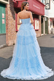 Light Blue Ball Gown Strapless Tiered Floor Length Prom Dress