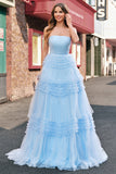 Light Blue Ball Gown Strapless Tiered Floor Length Prom Dress