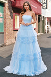 Light Blue Ball Gown Strapless Tiered Floor Length Prom Dress