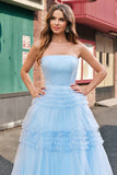 Light Blue Ball Gown Strapless Tiered Floor Length Prom Dress