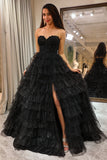 Glitter Sweetheart Black Corset Prom Dress with Slit