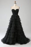 Black A Line Sweetheart Long Corset Prom Dress With Slit