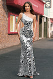 Silver Mirror One Shoulder Mermaid Cut Out Prom Dress