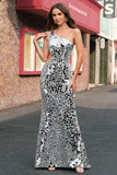 Silver Mirror One Shoulder Mermaid Cut Out Prom Dress