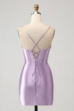 Bodycon Spaghetti Straps Lilac Corset Satin Short Prom Dress