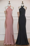 Elegant Black Mermaid Halter Satin Bridesmaid Dress