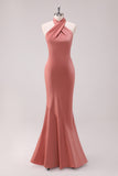 Mermaid Brown Halter Bridesmaid Dress