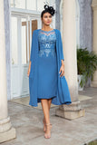 Grey Blue Two Piece Midi Mother of the Bride Dress with Lace