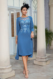 Grey Blue Two Piece Midi Mother of the Bride Dress with Lace