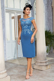 Grey Blue Two Piece Midi Mother of the Bride Dress with Lace