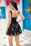 Cute A Line Off the Shoulder Black Corset Prom Dress with Embroidery