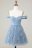 Cute A Line Sweetheart Grey Blue Short Prom Dress with Embroidery