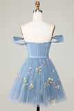 Cute A Line Sweetheart Grey Blue Short Prom Dress with Embroidery