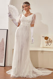 White V Neck Lace Wedding Dress