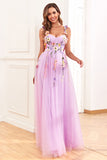 A Line Purple Spaghetti Straps Prom Dress With 3D Flowers