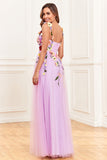 A Line Purple Spaghetti Straps Prom Dress With 3D Flowers