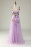 A Line Spaghetti Straps Purple Long Prom Dress with 3D Flowers