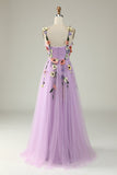 A Line Spaghetti Straps Purple Long Prom Dress with 3D Flowers