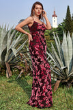 Sheath Spaghetti Straps Printed Velvet Burgundy Bridesmaid Dress with Silt