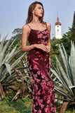 Sheath Spaghetti Straps Printed Velvet Burgundy Bridesmaid Dress with Silt