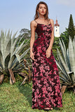 Sheath Spaghetti Straps Printed Velvet Burgundy Bridesmaid Dress with Silt