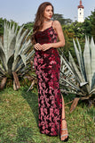 Sheath Spaghetti Straps Printed Velvet Burgundy Bridesmaid Dress with Silt