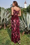 Sheath Spaghetti Straps Printed Velvet Burgundy Bridesmaid Dress with Silt