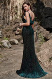 V-Neck Mermaid V Neck Green Velvet Long Formal Dress