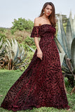 Burgundy Flower Off The Shoulder Wedding Party Dress