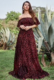 Burgundy Flower Off The Shoulder Wedding Party Dress