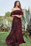 Burgundy Flower Off The Shoulder Wedding Party Dress