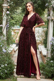 Rust A-Line V Neck Burnout Velvet Bridesmaid Dress with Slit